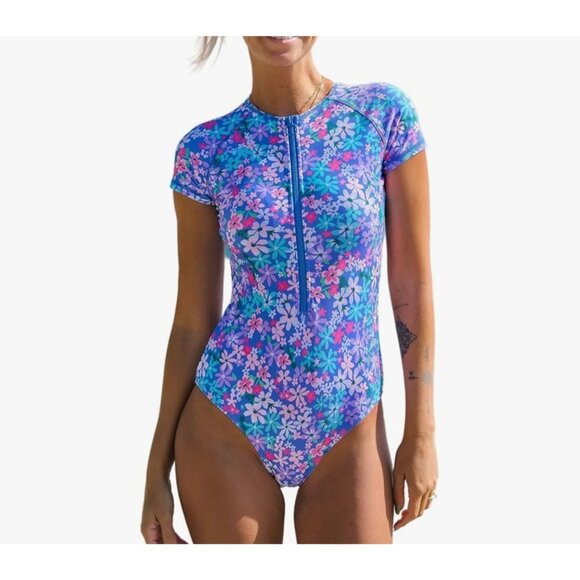 Cupshe Floral Print Front Zip Rashguard One Piece Swimsuit Womens Size Small NEW - Picture 7 of 9